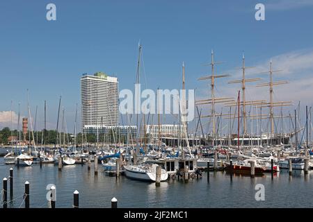 Hotel Maritim, Marina, Museum sailing ship Passat, Priwall, Travemünde, Lübeck, Schleswig-Holstein, Germany Stock Photo