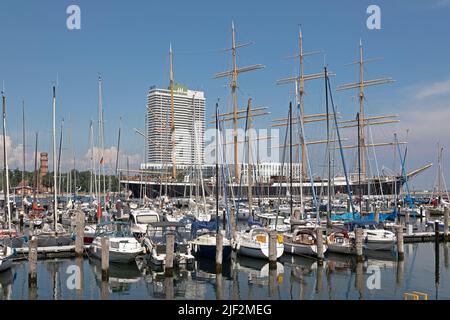 Hotel Maritim, Marina, Museum sailing ship Passat, Priwall, Travemünde, Lübeck, Schleswig-Holstein, Germany Stock Photo