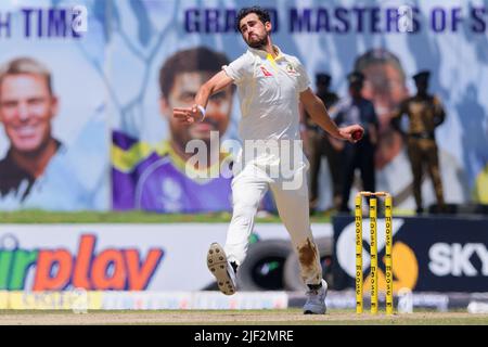 Galle, Sri Lanka. 29th June 2022. Australia's Mitchell Starc delivers a ball during the 1st day of the 1st test cricket match between Sri Lanka vs Australia at the Galle International Cricket Stadium in Galle on 29th June, 2022. Viraj Kothalwala/Alamy Live News Stock Photo