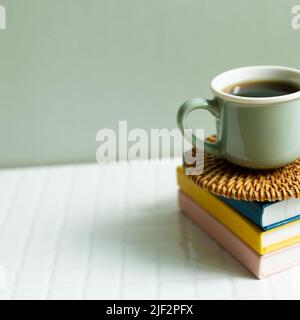 Cup of coffee and notebook on white desk. khaki green wall background Stock Photo