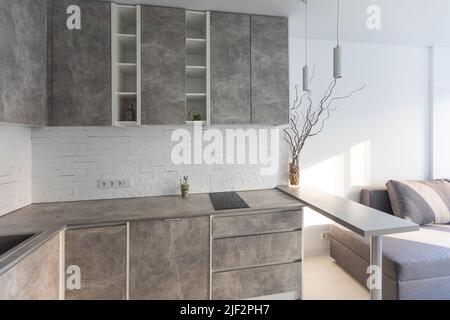 Modern minimalistic dark gray loft style studio apartment interior design. kitchen, sitting area. Stock Photo