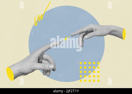 Composite collage picture of two hands black white effect reach touch fingers each other isolated on painted background Stock Photo