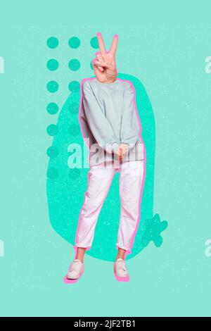 Vertical collage portrait of young person arm fingers instead head demonstrate v-sign isolated on painted background Stock Photo