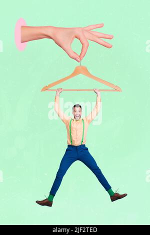 Vertical collage portrait of small mini boy arms hold big painted ...