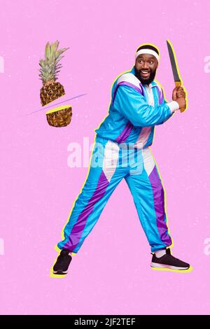 Vertical collage portrait of excited positive guy hands hold big knife cut pineapple isolated on drawing background Stock Photo