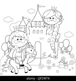 Beautiful princess with long hair at a castle, and a prince riding a horse. Vector black and white coloring page Stock Photo