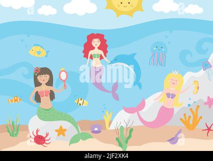 Under the sea cute mermaid vector illustration. Stock Vector