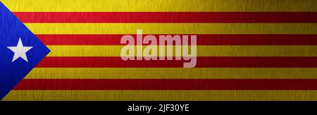 Banner of grunge Catalan flag. Dirty Catalonia flag on a metal surface. Banner design Stock Photo
