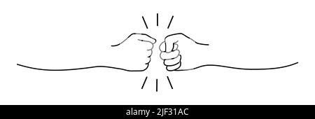 Fist bumping banner hand drawn with single line. Team work, cooperation, friends concept. Vector illustration isolated on white background Stock Vector