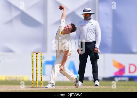 Galle, Sri Lanka. 29th June 2022. Australia's Mitchell Swepson delivers a ball during the 1st day of the 1st test cricket match between Sri Lanka vs Australia at the Galle International Cricket Stadium in Galle on 29th June, 2022. Viraj Kothalwala/Alamy Live News Stock Photo