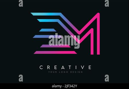Monogram Lines EM E M Letter Logo Design in Neon Colors. Creative Modern Letters Vector Icon Logo Illustration. Stock Vector