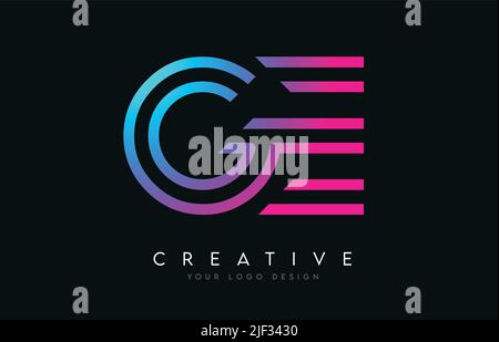 Monogram Lines GE G E Letter Logo Design in Neon Colors. Creative Modern Letters Vector Icon Logo Illustration. Stock Vector