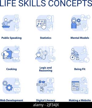 Life skills light blue concept icons set Stock Vector