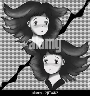 Drawn girl and anime comic in black and white. The girl develops hair, a beautiful illustration Stock Vector