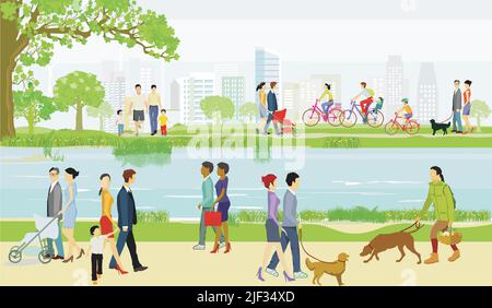 Groups of people by the water with families, parents and children, illustration Stock Vector