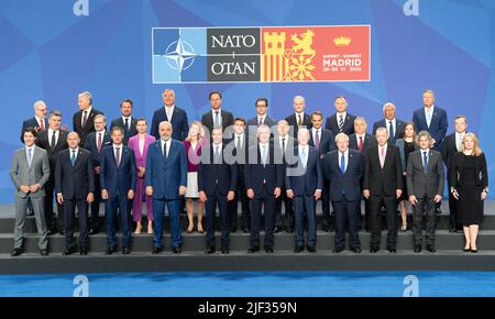 RETRANSMITTING ADDING LEFT TO RIGHT (Back row, left to right) Latvia's President Egils Levits, Lithuanian President Gitanas Nauseda, Luxembourg's Prime Minister Xavier Bettel, Montenegro's President Milo Dukanovic,, Netherland's Prime Minister Mark Rutte, North Macedonia's President Stevo Pendarovski, Norway's Prime Minister Jonas Gahr Store, Poland's President Andrzej Duda, Portuguese Prime Minister Antonio Costa, and Romanian President Klaus Werner Iohannis; (centre row, left to right) Croatian President Zoran Milanovic, Czech Republic Prime Minister Petr Fiala, Denmark's Prime Minister Mett Stock Photo