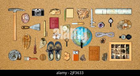 Topview of Set Fieldwork Geology Tools on Textured Background Stock Photo