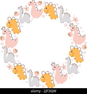 Circle Vector dino girl frame with dinosaurs and hand drawn flowers with place for your text. Greeting card, poster design scandinavian element Stock Vector