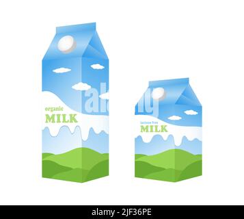 Cardboard rectangular high and small milk box packaging with pattern of meadows, sky and clouds and inscription, vector illustration on white backgrou Stock Vector