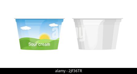 Sour cream, yogurt, soft or cottage cheese plastic or cardboard jar container, packaging узьен and with farm label, cartoon style vector illustration Stock Vector