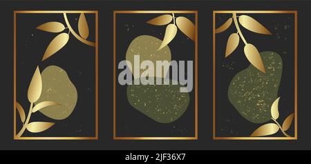 Abstract natural black golden background set with hand drawn leaves and shapes and gold texture. Modern contemporary art illustrations, banners, poste Stock Vector