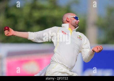 Galle, Sri Lanka. 29th June 2022. Australia's Nathan Lyon delivers a ball during the 1st day of the 1st test cricket match between Sri Lanka vs Australia at the Galle International Cricket Stadium in Galle on 29th June, 2022. Viraj Kothalwala/Alamy Live News Stock Photo
