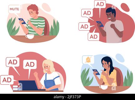 Internet users issues 2D vector isolated illustration set Stock Vector
