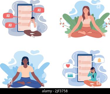 Mindfulness and internet addiction 2D vector isolated illustrations set Stock Vector