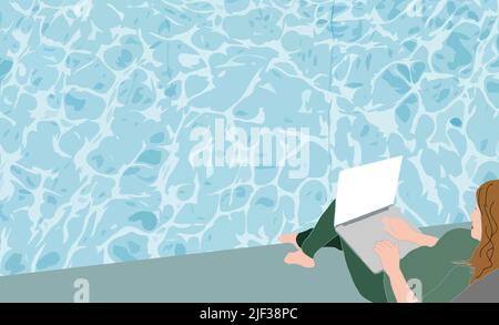 Remote freelance work and communication concept. Young smiling woman cartoon character sitting at swimming pool with cocktail and laptop and making Stock Vector