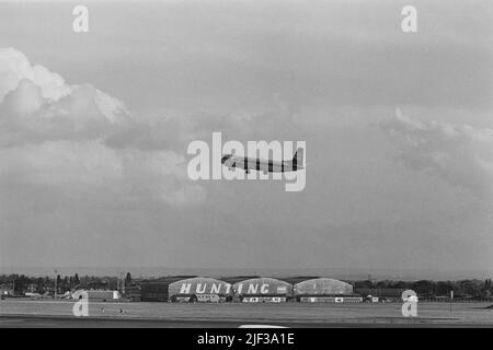 Archival monochrome image of a Vickers Vanguard 953C Merchantman airliner in British Airways Cargo livery in the air at Heathrow Airport, London, 1979, with a view of Hunting-Clan Air Transport hangar, demolished 1986. Possibly G-APEP 'Superb' now at Brooklands Museum Surrey England. Alternative crop 2DG9PX7 Stock Photo