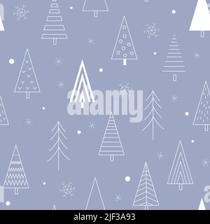 Xmas trees seamless pattern. Scandinavian winter background with abstract pine trees and snowflakes. Doodle hand drawn forest. Vector outline Stock Vector