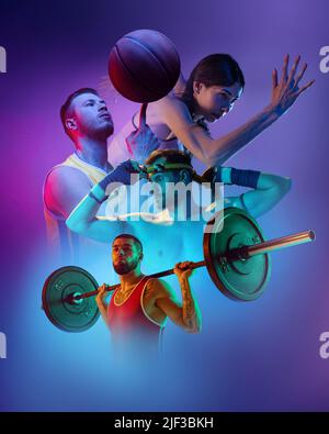 Composite image with professional sportsmen, runner and basketball players, weightlifter over purple smoky background. Sport, team, competition, ad Stock Photo
