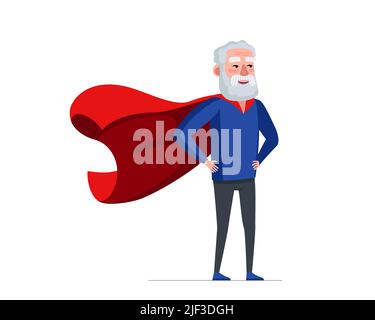 Older man in superhero costume wearing red cape. Super hero elderly male. Strong healthy old grandpa. Cool retired grandfather. Cheerful senior pensioner having superpowers. Active fun granddad vector Stock Vector