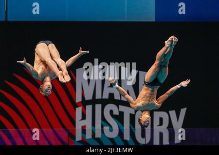 Budapest, Hungary. 28th June, 2022. BUDAPEST, HUNGARY - JUNE 28: Luis Gustavo Canabate Alvarez of Cuba, Carlos Daniel Ramos Rodriguez of Cuba during the FINA World Championships Budapest 2022 - Men's Diving at Danube Arena on June 28, 2022 in Budapest, Hungary (Photo by Nikola Krstic/Orange Pictures) Credit: Orange Pics BV/Alamy Live News Stock Photo