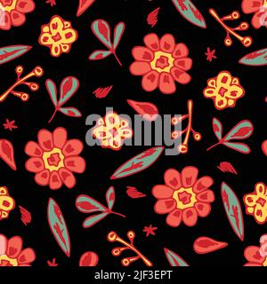 Seamless vector pattern with red flowers on black background. Simple vintage floral wallpaper design. Decorative gypsy fashion textile. Stock Vector