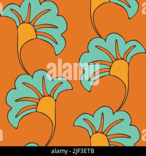 Seamless vector pattern with abstract floral leaf on orange background. Simple retro flower wallpaper design. Tropical decorative fashion textile. Stock Vector