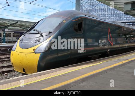 Avanti West Coast train arriving at platform 4 at Carlisle Citadel station. Stock Photo
