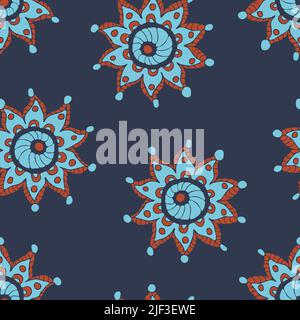 Seamless vector pattern with abstract gypsy star on blue background. Simple flower bloom wallpaper design. Mandala fashion textile. Stock Vector