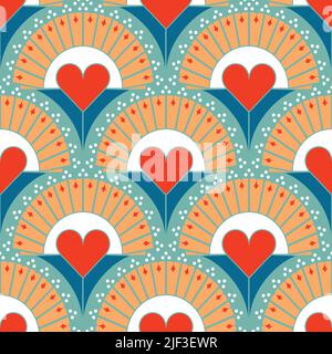 Seamless vector pattern with retro love heart on blue background. Simple geometrical fan wallpaper design. Decorative rainbow fashion textile. Stock Vector