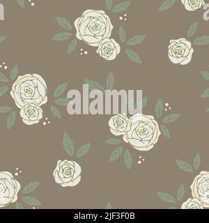 Seamless vector pattern with white roses on brown background. Vintage pastel floral wallpaper design. decorative romantic fashion textile. Stock Vector