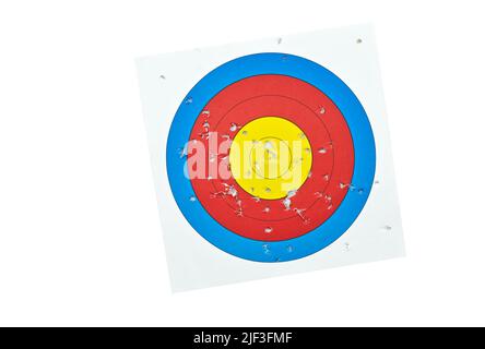 Archery target bow sheet with many small holes from arrow shooting, isolated archery paper sheet with marks of arrow hitting on white background. Stock Photo