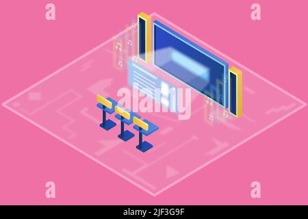 Isometric vector illustration of display with glowing hologram. Speakers with outgoing sound on the sides. Sound waves. Virtual reality. Future. Stock Vector
