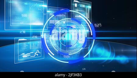 Image of light moving over processing circle on scientific graph and data Stock Photo