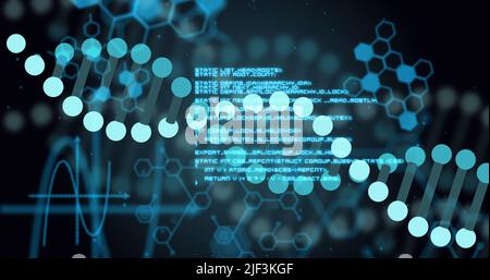 Image of dna strand and data processing on black background Stock Photo