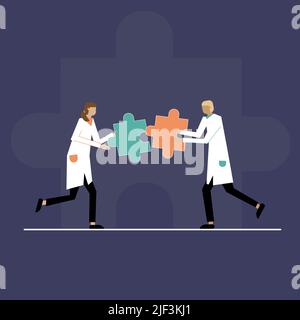 Vector of two doctors man and woman in uniform putting puzzle pieces together a symbol of team work, medical decision and collaboration. Scientists or Stock Vector