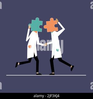 Vector of two doctors in uniform putting head -puzzle pieces together a symbol of team work, medical decision and collaboration. Scientists or doctors Stock Vector