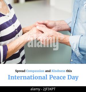 Digital image of caucasian senior couple holding hands, international peace day text, copy space Stock Photo