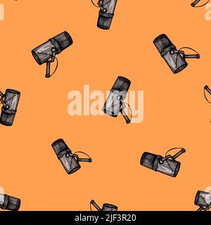 Microphone engraved seamless pattern. Music equipment for studio in hand drawn style. Sketch texture for fabric, wallpaper, textile, print, title, wra Stock Vector