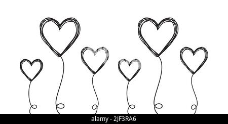 Set of tangled scribbled hearts on a string line like an air balloon or a flower, hand drawn with thin line. Isolated on white background. Vector illu Stock Vector