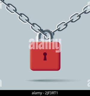 3d illustration of a red padlock hanging on steel chain. Vector illustration Stock Vector